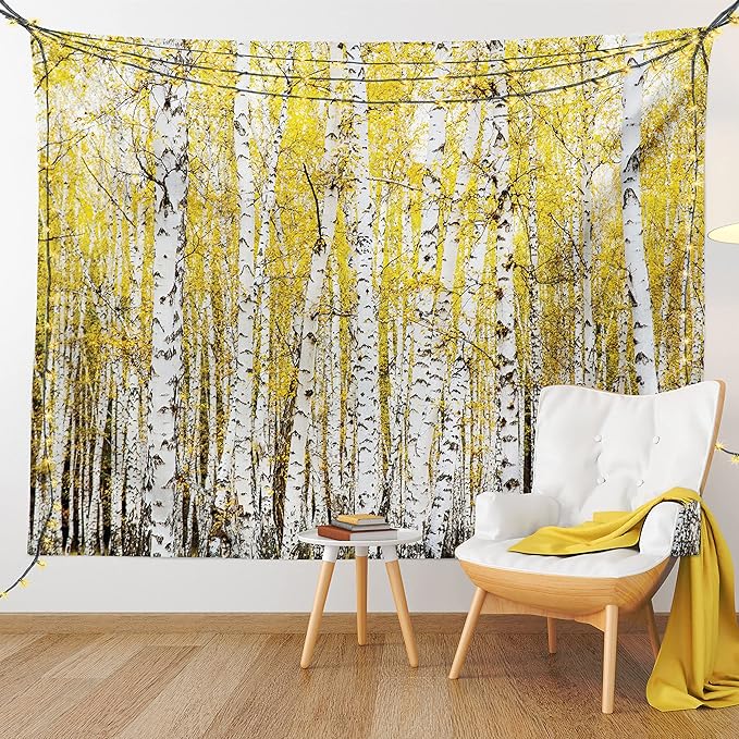 Ambesonne Forest Tapestry, Autumn Birch Forest Golden Yellow Leaves Woodland October Seasonal Nature Picture, Fabric Wall Hanging Decor for Bedroom Living Room Dorm, 30" X 45", Yellow Grey