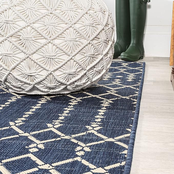 JONATHAN Y SMB108K-28 Ourika Moroccan Geometric Textured Weave Indoor Outdoor Runner Rug, Bohemian Coastal Traditional Easy-Cleaning,Bedroom,Kitchen,Backyard,Patio,Non Shedding, 2 X 8, Navy/Beige
