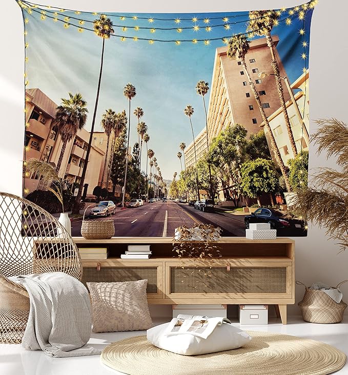 Ambesonne Urban Tapestry, Street in Beverly Hills CaliforniPalm Trees Houses Famous City Photo, Fabric Wall Hanging Decor for Bedroom Living Room Dorm, 30" X 45", Pale Blue Peach Green