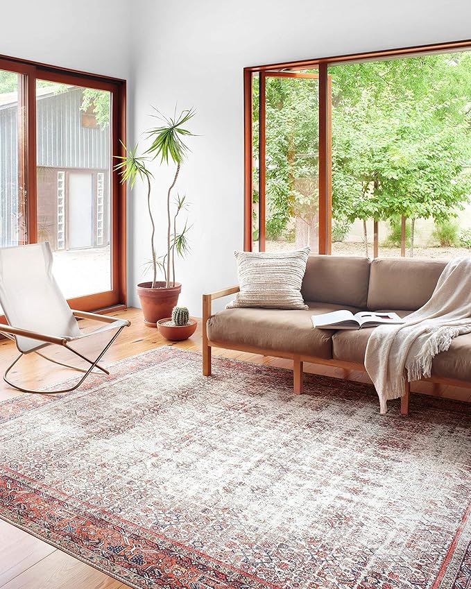 Loloi Layla Collection LAY-12 Ivory/Brick 7'-6" x 9'-6" .13" Thick Area Rug, Soft, Durable, Vintage Inspired, Distressed, Low Pile, Non-Shedding, Easy Clean, Printed, Living Room Rug