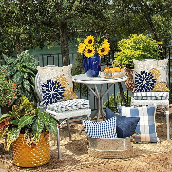 Outdoor Pillow Covers 16x16 Inch Set of 2 Navy Blue Yellow Outdoor Waterproof Decorative Throw Pillows Summer Spring Decor for Home Patio Funiture Garden Living Room Polyester Cushion Covers 01G16