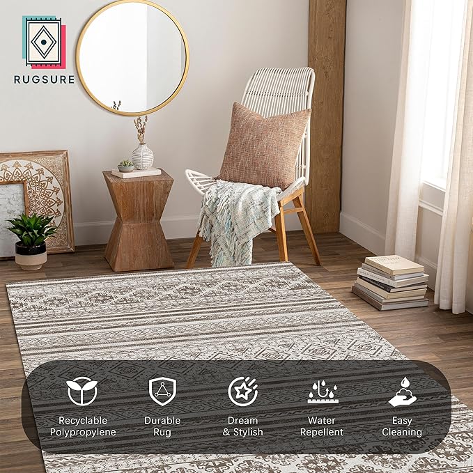 RUGSURE Washable Area Rugs 4' x 6' - 1/6 Thick - Moroccan-Inspired -Stain & Water Resistant Non-Slip - Resistant Rug for Living Room, Bedroom, Nursery, Pet & Child Friendly (Brown)