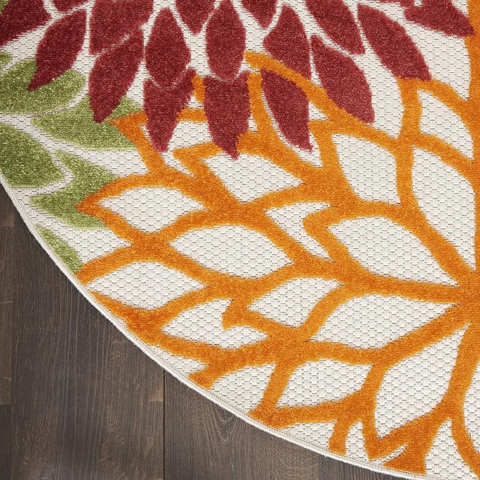 Nourison Home Aloha 94" Round Fabric Indoor/Outdoor Rug in Red Multi-Color