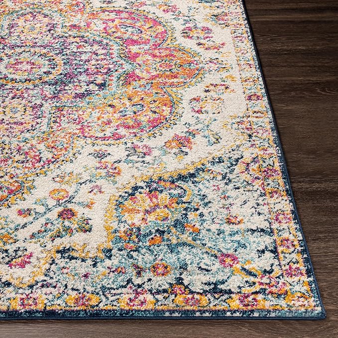 Livabliss Area Rugs - 4x6 Romaine Vintage Boho Fuchsia Mustard Blue Area Rug for Living Room Bedroom - Floral Medallion Stain Resistant Carpet for Kitchen, Nursery, Office (3'11" x 5'7")
