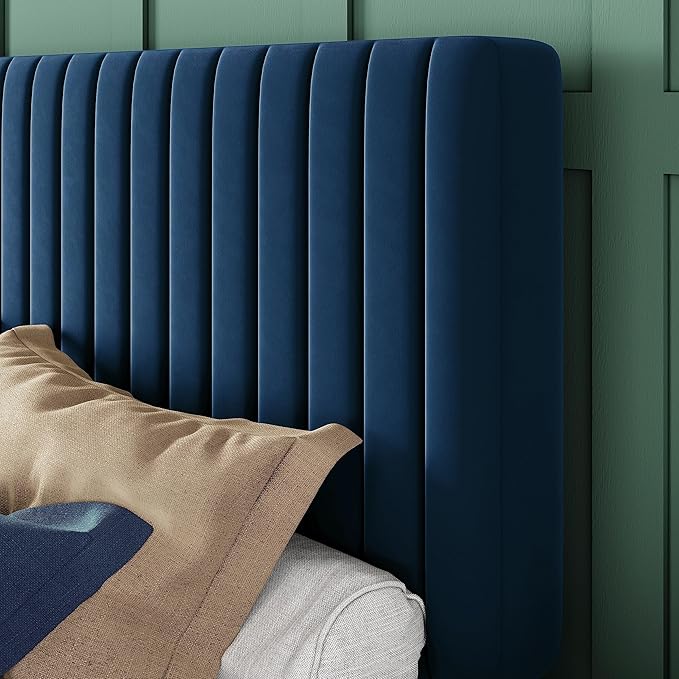 Allewie Full Bed Frame, Velvet Upholstered Platform Bed with Adjustable Vertical Channel Tufted Headboard, Mattress Foundation with Strong Wooden Slats, Box Spring Optional, Easy Assembly, Navy Blue