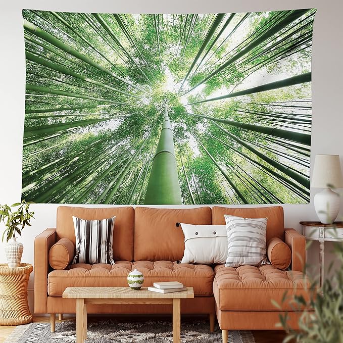 Ambesonne Forest Tapestry King Size, Tropical Rain Forest Tall Trees in Exotic Style Nature Theme Image Sky from Woodland, Wall Hanging Bedspread Bed Cover Wall Decor, 23" X 28", Green