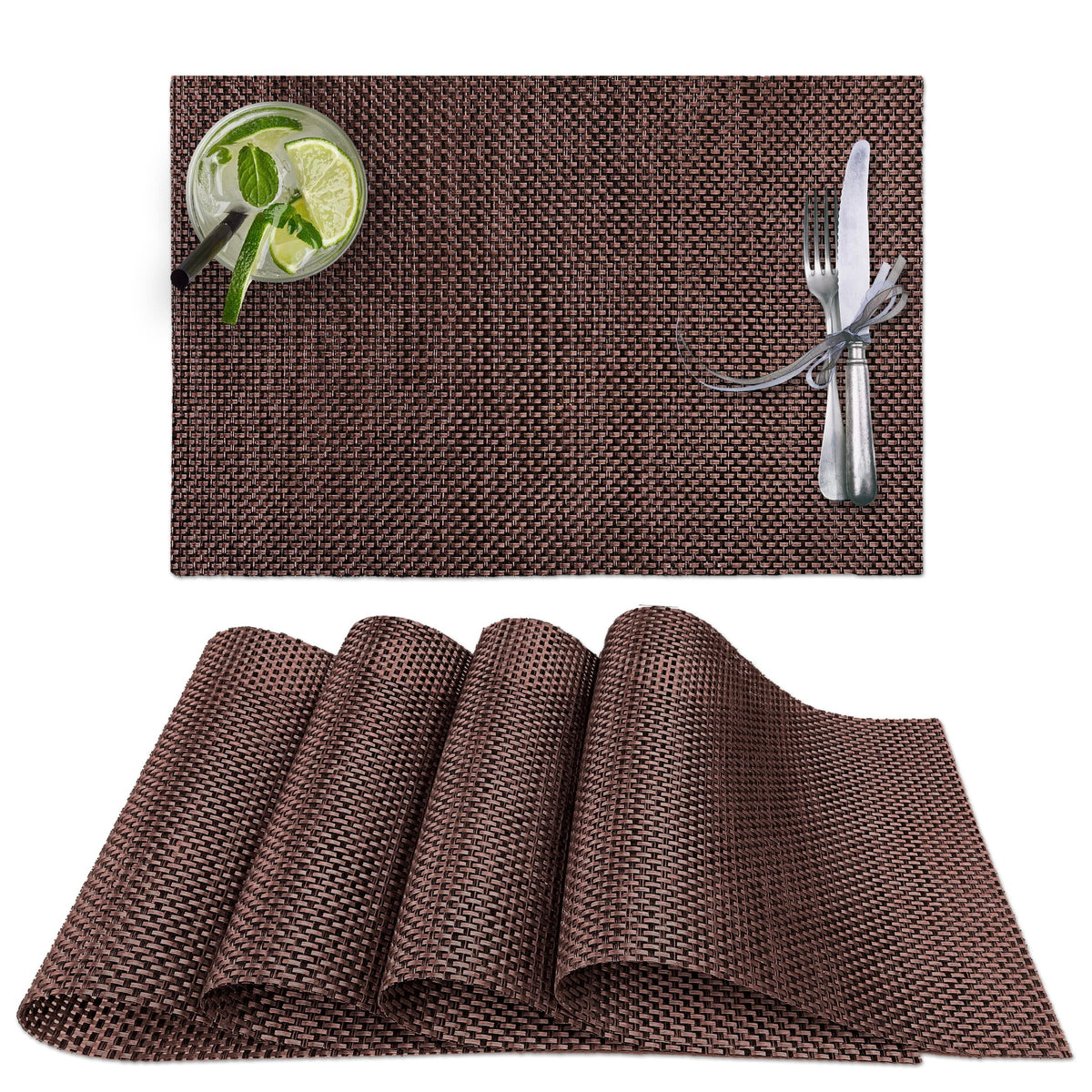 CK Home Vinyl Placemats (18" x 12") Set of 4, Brown Basketweave Table Mats for Indoor or Outdoor, Washable.