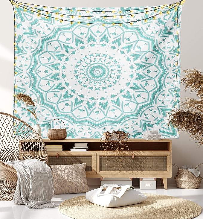 Ambesonne Aqua Tapestry, Mandala Tie Dye Effect Floral Leaves Seem Design Image Art Print, Wall Hanging for Bedroom Living Room Dorm Decor, 60" X 80", Sea Green White