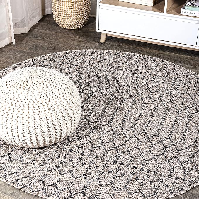 JONATHAN Y SMB108D-3R Ourika Moroccan Geometric Textured Weave Indoor/Outdoor Area Rug, Bohemian, Scandinavian for Bedroom, Kitchen, Living Room, Easy-Cleaning, Natural/Black, 3' Round
