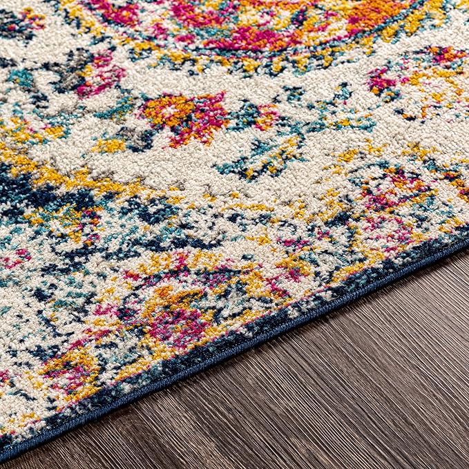 Livabliss Area Rugs - 7x7 Romaine Vintage Boho Fuchsia Mustard Blue Square Area Rug for Living Room Bedroom - Floral Medallion Stain Resistant Carpet for Kitchen, Nursery, Office (6'7" Square)