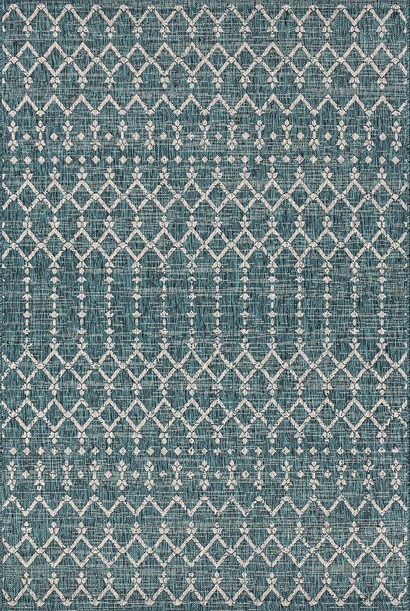 JONATHAN Y Moroccan Geometric Indoor Outdoor Area Rug 8X10 Teal/Gray, Ourika Textured Weave for Backyard, Patio, Porch, Easy-Cleaning, High Traffic, Pet-Friendly, Non-Shedding (SMB108C-8)