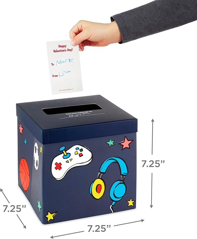 Hallmark Boys Valentines Day Cards and Mailbox for Kids School Classroom Exchange, Games and Sports (1 Box, 32 Valentine Cards, 35 Stickers, 1 Teacher Card)