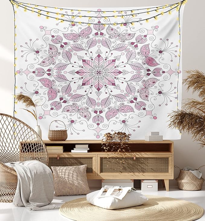 Ambesonne Mandala Tapestry, Lacy Inspired Pastel Floral Motif with Butterfly and Lotus Branches Design, Fabric Wall Hanging Decor for Bedroom Living Room Dorm, 30" X 45", White Pale Pink