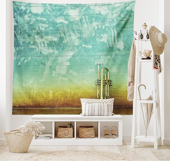 Ambesonne Music Tapestry King Size, Old Aged Worn Single Trumpet Stands Alone Against a Faded Wall Jazz Theme Photo, Wall Hanging Bedspread Bed Cover Wall Decor, 104" X 88", Teal Brown