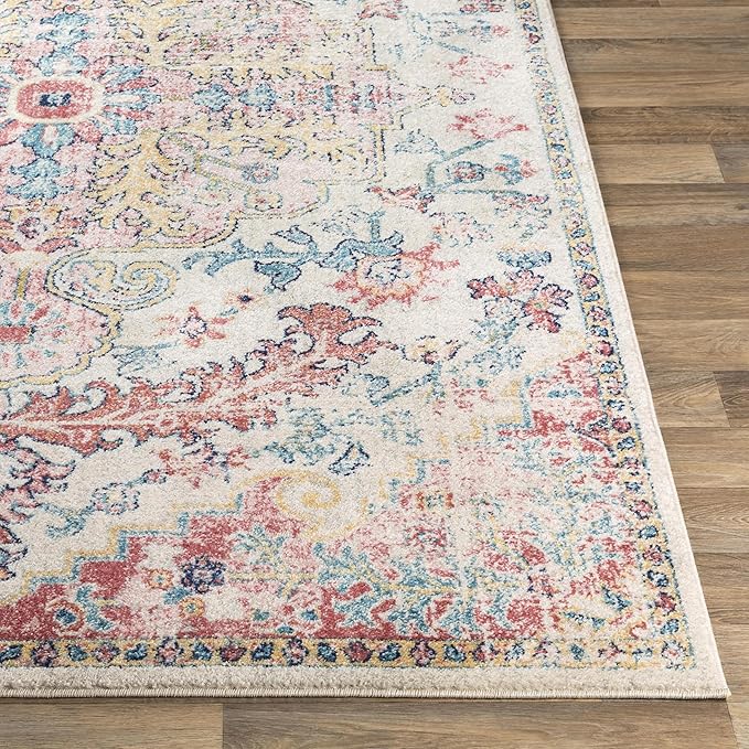Livabliss Area Rugs - 5x7 Odelia Vintage Boho Red Off-White Blue Area Rug for Living Room Bedroom - Floral Medallion Stain Resistant Carpet for Kitchen, Nursery, Office (5'3" x 7'3")