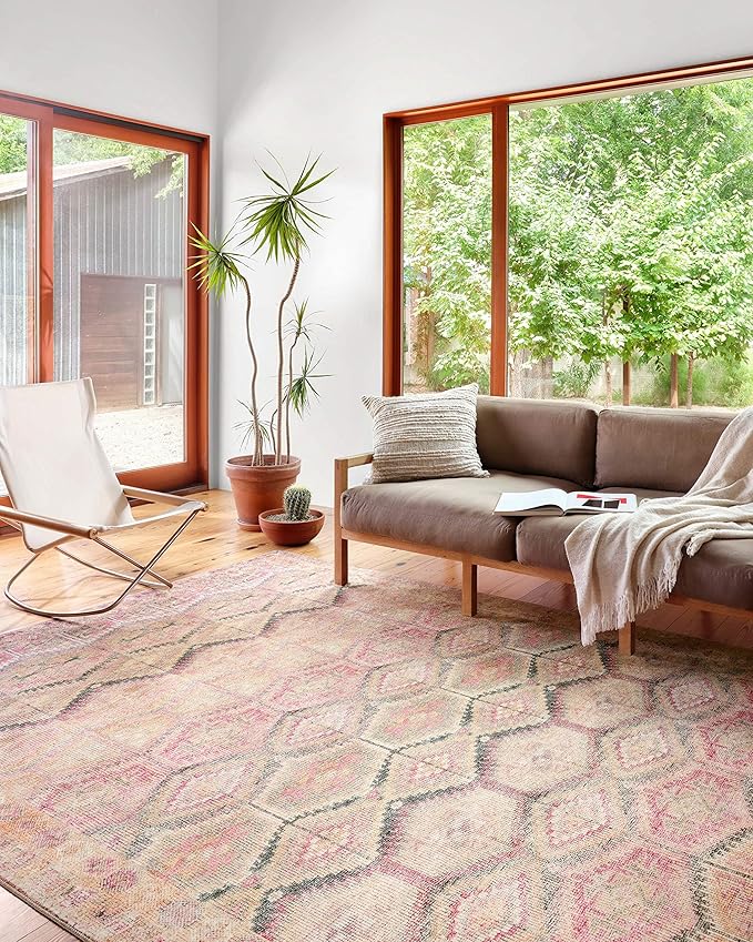 Loloi Layla Collection LAY-17 Pink/Lagoon 2'-6" x 7'-6" .13" Thick Runner Rug, Soft, Durable, Vintage Inspired, Distressed, Low Pile, Non-Shedding, Easy Clean, Printed, Living Room Rug