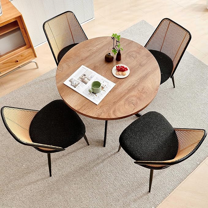 NORDICANA Dining Table Set for 4, Wooden Round Table and Wicker Chairs, 5-Piece Modern Kitchen Dinette Set for Breakfast Nook, Black Boucle Seat
