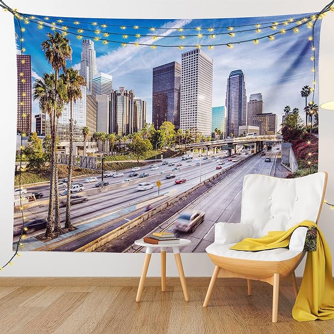 Ambesonne Travel Tapestry King Size, Downtown Cityscape of Los Angeles California USA Avenue Buildings Palms Print, Wall Hanging Bedspread Bed Cover Wall Decor, 104" X 88", Blue Grey Green