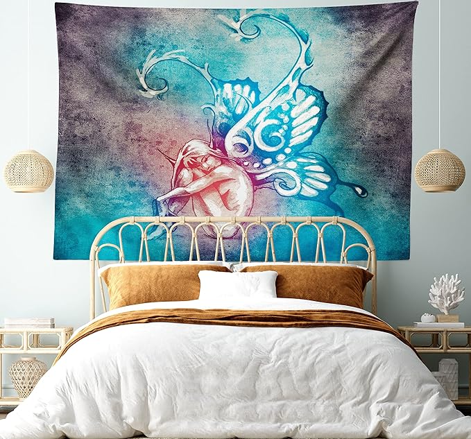 Ambesonne Butterfly Tapestry King Size, with Butterfly Wings Renewal Female Rebirth Psyche Lightness of Being, Wall Hanging Bedspread Bed Cover Wall Decor, 104" X 88", Blue Purple