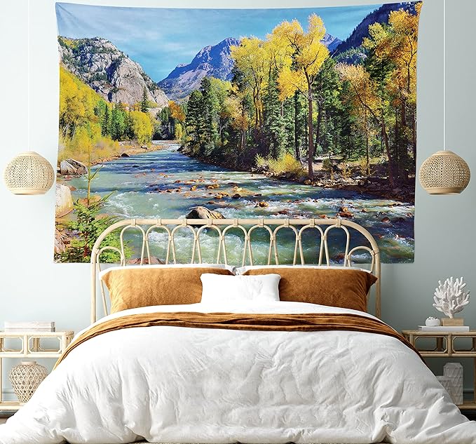 Ambesonne Landscape Tapestry, Mountains of Colorado with Forest and River Summer Foliage Idyllic Photo, Wide Wall Hanging for Bedroom Living Room Dorm, 60" X 40", Sage Green