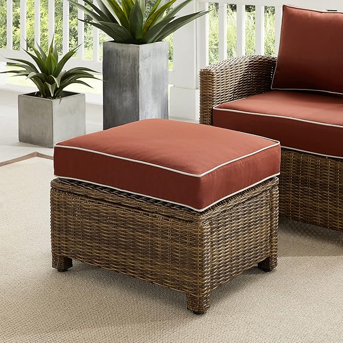 Crosley Furniture Bradenton Wicker Outdoor Ottoman Foot Rest for Patio, Deck, Porch, Brown with Sangria Cushions