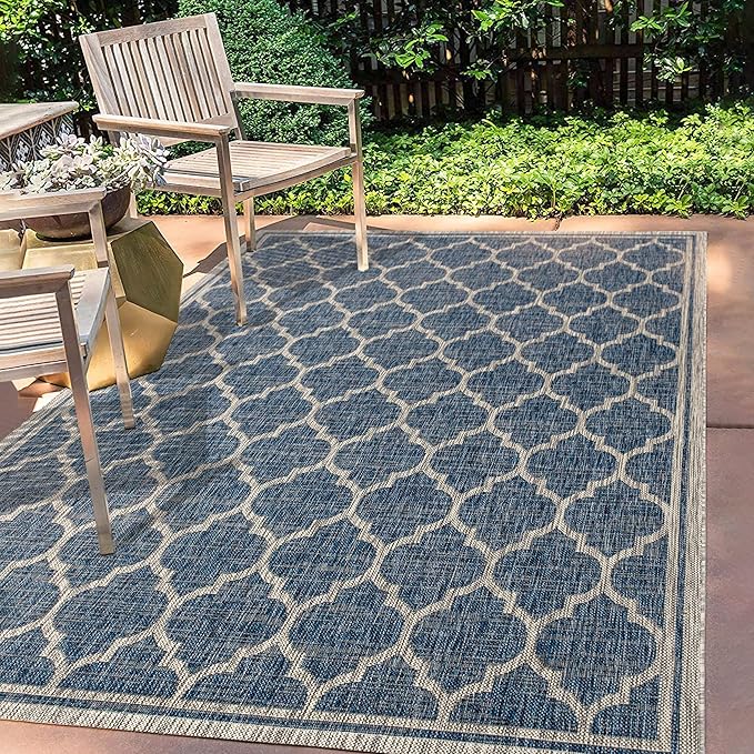 Eyely BMS109D-3 Santa Monica Trebol Moroccan Trellis Textured Weave Indoor/Outdoor Area Rug Coastal;Bohemian, Bedroom, Backyard, Patio, Easy-Cleaning, Non-Shedding, 3 X 5, Navy/Gray