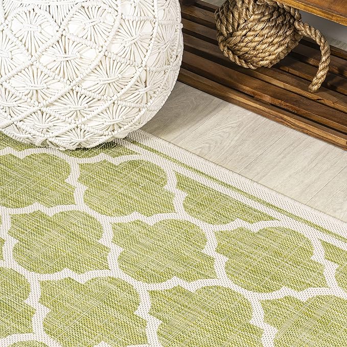 Eyely BMS109G-5R Santa Monica Trebol Moroccan Trellis Textured Weave Indoor/Outdoor Area Rug Coastal;Bohemian, Bedroom, Backyard, Patio, Easy-Cleaning, Non-Shedding, 5' Round, Green/Cream