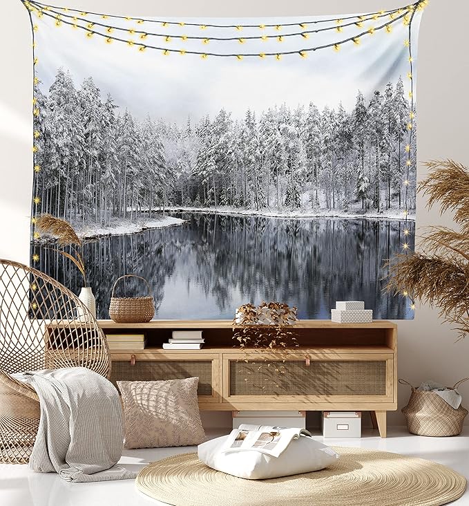 Ambesonne Woodland Tapestry King Size, Lake Surrounded by Snow Covered Trees on a Cold Winter Day in Finland Reflections, Wall Hanging Bedspread Bed Cover Wall Decor, 104" X 88", White Brown