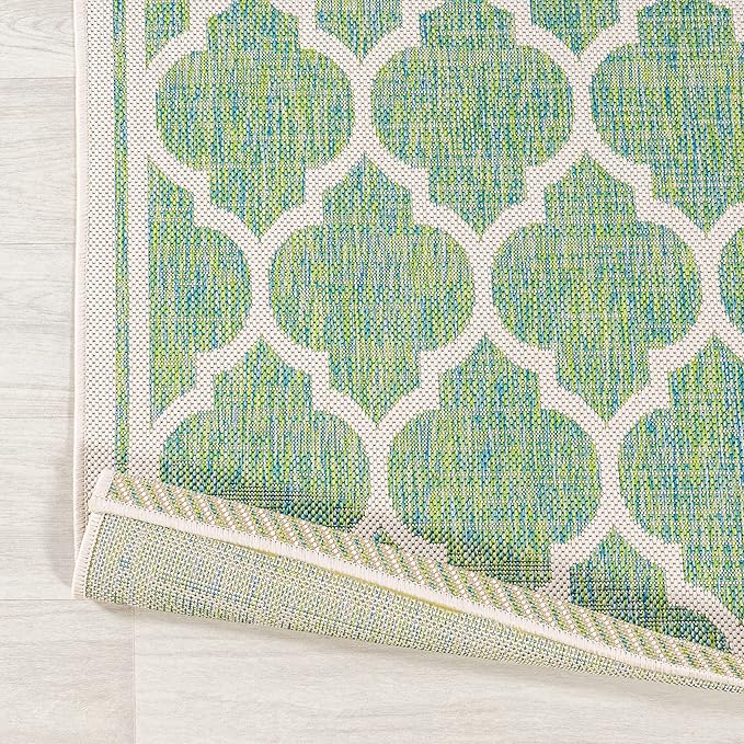 Eyely BMS109I-210 Santa Monica Trebol Moroccan Trellis Textured Weave Indoor/Outdoor Runner Rug Coastal;Bohemian, Bedroom, Backyard, Patio, Easy-Cleaning, Non-Shedding, 2 X 10, Cream/Green