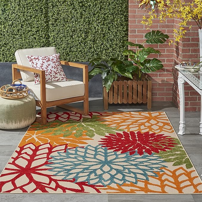 Nourison Home Aloha Indoor/Outdoor Green 3'6" x 5'6" Area Rug, Tropical, Botanical, Easy Clean, Non Shedding, Bed Room, Living Room, Dining Room, Deck, Backyard, Patio (3x5)