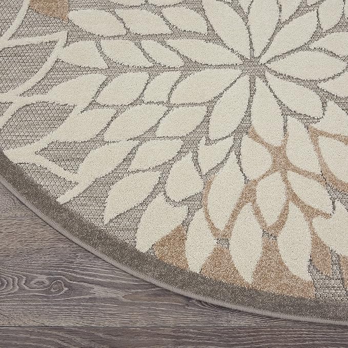 Nourison Aloha Indoor/Outdoor Area Rug 5'3", Natural, Round Tropical Botanical Easy-Cleaning Non Shedding Bed Room Living Room Dining Room Deck Backyard Patio