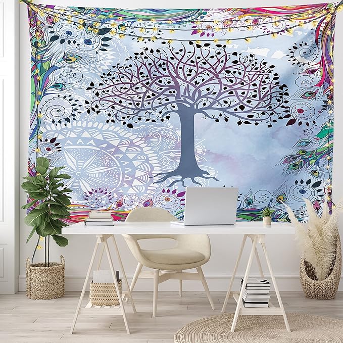 Ambesonne Nature Tapestry, Tree of Life Motif Peacock Feathers Tribal Vintage Prehistoric Flora Illustration, Fabric Wall Hanging Decor for Bedroom Living Room Dorm, 45" X 30", Blue