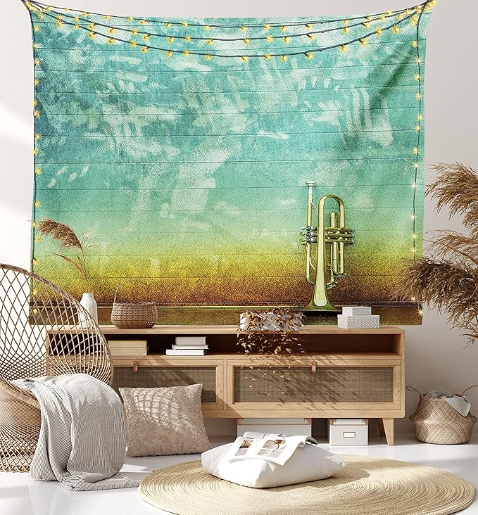 Ambesonne Music Tapestry King Size, Old Aged Worn Single Trumpet Stands Alone Against a Faded Wall Jazz Theme Photo, Wall Hanging Bedspread Bed Cover Wall Decor, 104" X 88", Teal Brown