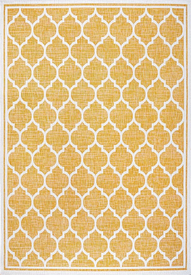 Eyely BMS109F-5 Santa Monica Trebol Moroccan Trellis Textured Weave Indoor/Outdoor Area Rug Coastal;Bohemian, Bedroom, Backyard, Patio, Easy-Cleaning, Non-Shedding, 5 X 8, Yellow/Cream