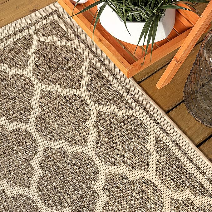 Eyely BMS109A-5R Santa Monica Trebol Moroccan Trellis Textured Weave Indoor/Outdoor Area Rug Coastal;Bohemian, Bedroom, Backyard, Patio, Easy-Cleaning, Non-Shedding, 5' Round, Brown/Beige