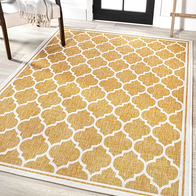 Eyely BMS109F-5 Santa Monica Trebol Moroccan Trellis Textured Weave Indoor/Outdoor Area Rug Coastal;Bohemian, Bedroom, Backyard, Patio, Easy-Cleaning, Non-Shedding, 5 X 8, Yellow/Cream