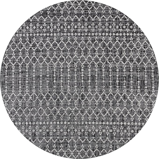 JONATHAN Y SMB108F-9R Ourika Moroccan Geometric Textured Weave Black/Gray 9' Round Indoor/Outdoor Area Rug, Pet Friendly, Non-Shedding, Stain Resistant, Easy-Cleaning for Backyard, Patio, Porch