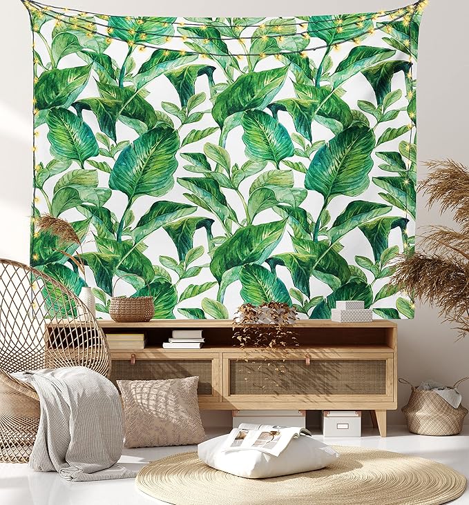 Ambesonne Leaf Tapestry, Romantic Holiday Island Hawaiian Banana Trees Watercolored Image, Fabric Wall Hanging Decor for Bedroom Living Room Dorm, 30" X 45", Forest Green