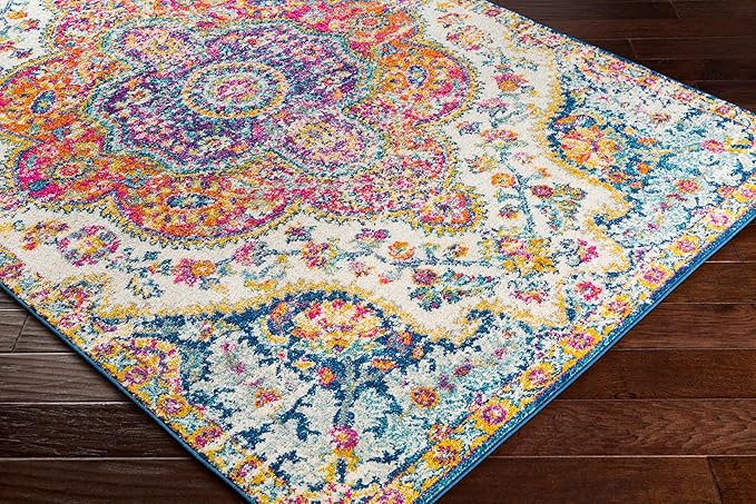 Livabliss Area Rugs - 7ft Round Romaine Vintage Boho Fuchsia Mustard Blue Round Area Rug for Living Room Bedroom - Floral Medallion Stain Resistant Carpet for Kitchen, Nursery, Office (6'7" Round)