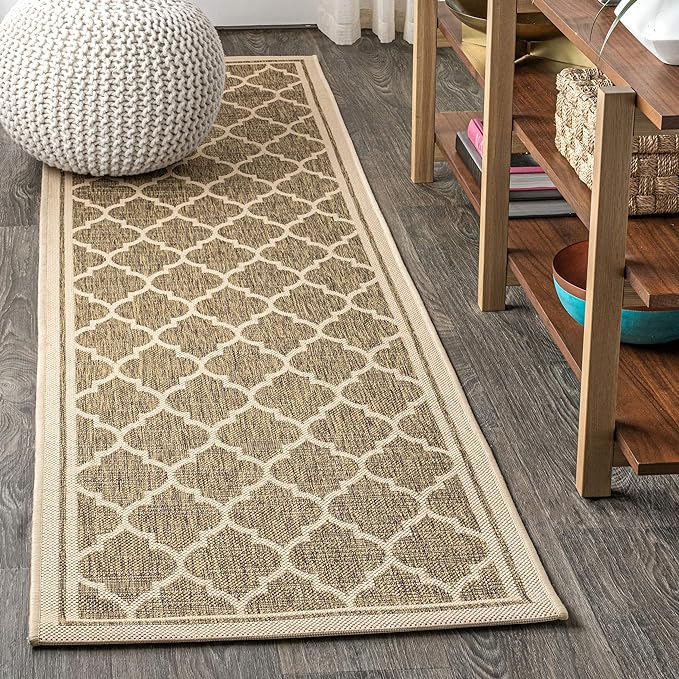 Eyely BMS109A-220 Santa Monica Trebol Moroccan Trellis Textured Weave, Pet Friendly, Non-Shedding, Stain Resistant, Easy-Cleaning, Brown/Beige, 2 ft. x 20 ft., Indoor/Outdoor, Runner Rug