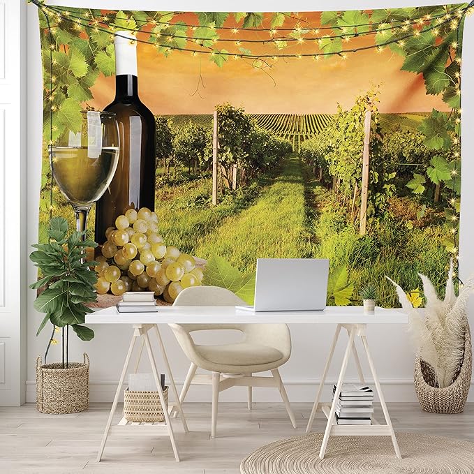 Ambesonne Winery Tapestry King Size, Bottle and Glass of Wine and Vineyards of Sunset Countryside Romantic Evening View, Wall Hanging Bedspread Bed Cover Wall Decor, 104" X 88", Orange Green