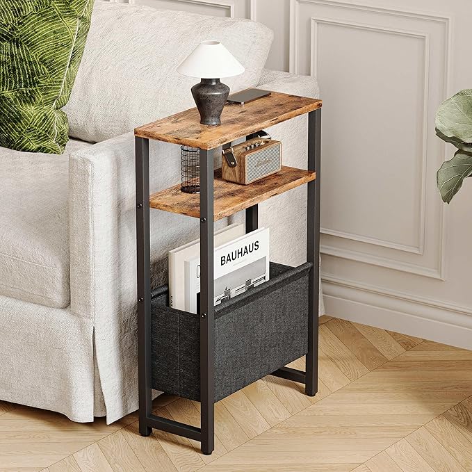 Narrow Side Table, Slim End Table with Magazine Rack, Bedside Table for Small Spaces, 3 Tier Sofa Couch Table Nightstand for Living Room, Bedroom Rustic Brown LET503R