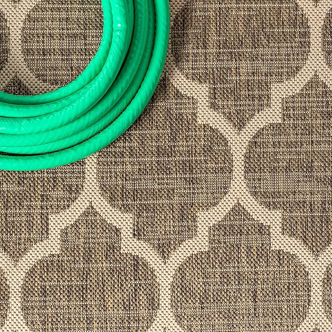 Eyely BMS109A-4SQ Santa Monica Trebol Moroccan Trellis Textured Weave, Pet Friendly, Non-Shedding, Stain Resistant, Easy-Cleaning, Brown/Beige, 4' Square, Indoor/Outdoor, Area Rug