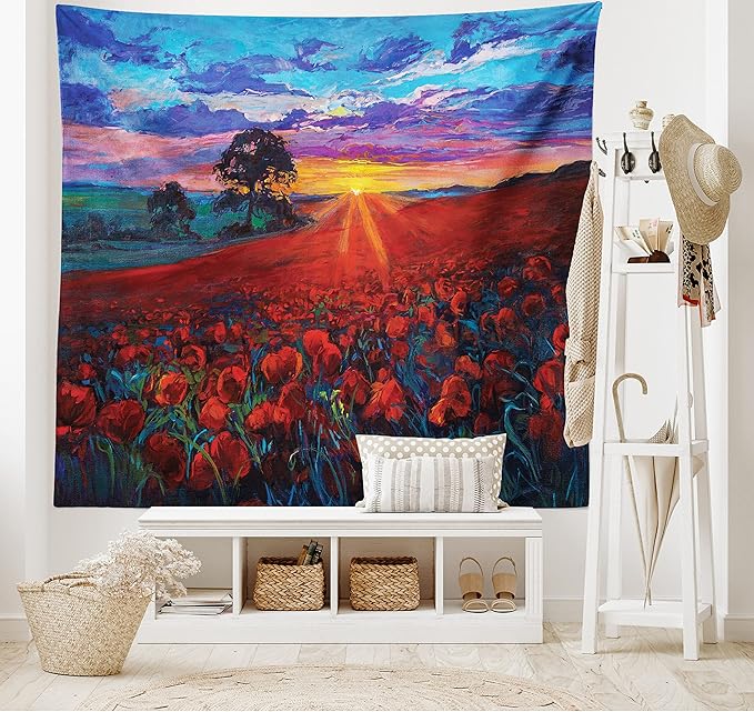 Ambesonne Country Tapestry King Size, Clouds at Sunset Paint Scenery of Poppy Flower Garden on Valley with Horizon, Wall Hanging Bedspread Bed Cover Wall Decor, 104" X 88", Burgundy Deep Sky Blue