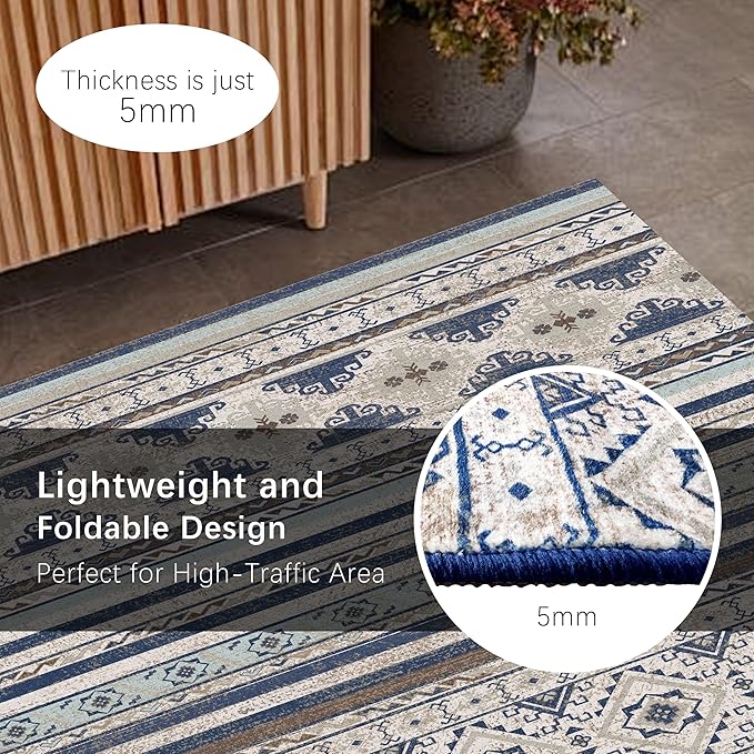 RUGSURE Washable Area Rugs 5' x 7' - 1/6 Thick - Moroccan-Inspired -Stain & Water Resistant Non-Slip - Resistant Rug for Living Room, Bedroom, Nursery, Pet & Child Friendly (Blue and Brown)