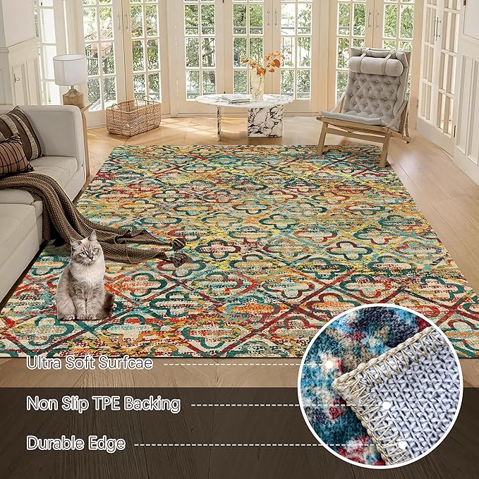 RUGSURE Washable Area Rugs, 8' x 10' - 1/6 Thick - Stain & Water Resistant Non-Slip - Perfect Resistant Rug for Living Room, Bedroom, Nursery, Pet & Child Friendly, Vibrant Colors Rugs, Multicolor