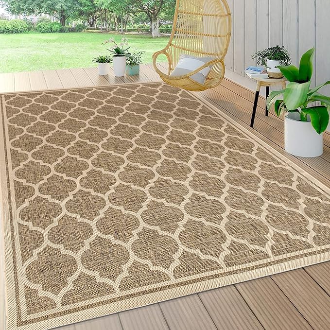 Eyely BMS109A-14 Santa Monica Trebol Moroccan Trellis Textured Weave, Pet Friendly, Non-Shedding, Stain Resistant, Easy-Cleaning, Brown/Beige, 10 ft. x 14 ft., Indoor/Outdoor, Area Rug