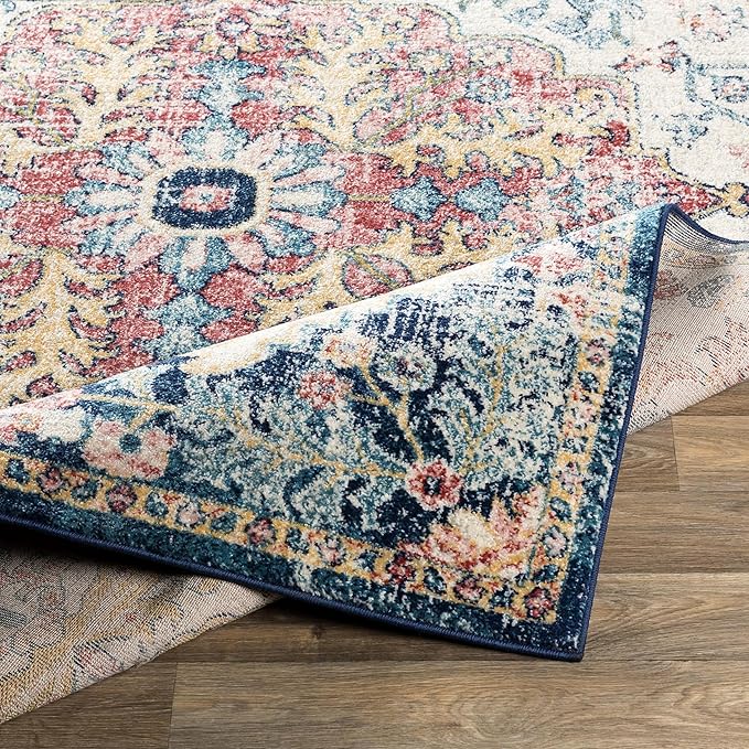 Livabliss Area Rugs - 8ft Round Odelia Vintage Boho Aqua Burgandy Blue Round Area Rug for Living Room Bedroom - Floral Medallion Stain Resistant Carpet for Kitchen, Nursery, Office (7'10" Round)