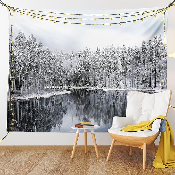 Ambesonne Woodland Tapestry, Lake Surrounded by Snow Covered Trees on a Cold Winter Day in Finland Reflections, Fabric Wall Hanging Decor for Bedroom Living Room Dorm, 23" X 28", White Brown