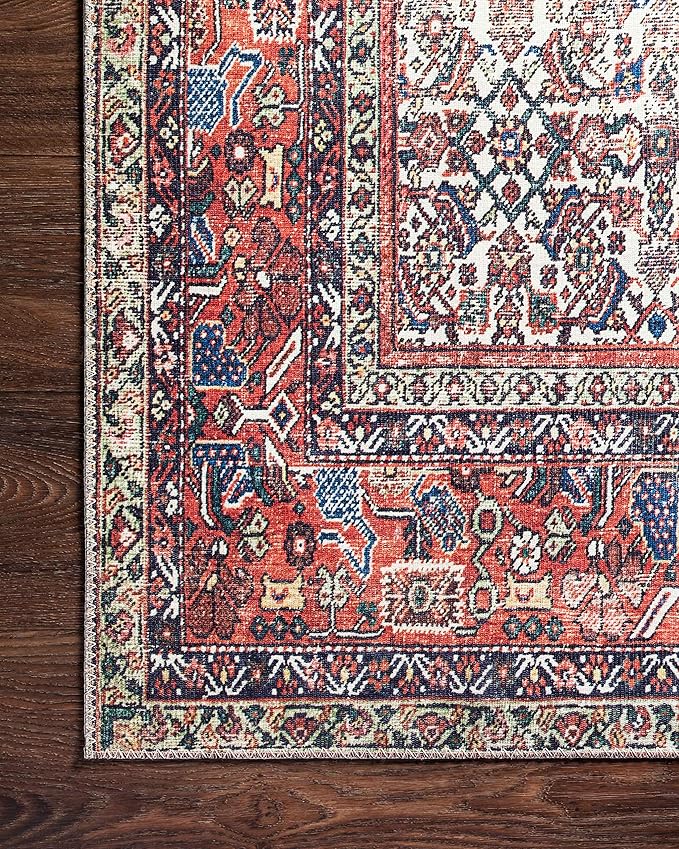 Loloi Layla Collection LAY-12 Ivory/Brick 5'-0" x 7'-6" .13" Thick Area Rug, Soft, Durable, Vintage Inspired, Distressed, Low Pile, Non-Shedding, Easy Clean, Printed, Living Room Rug